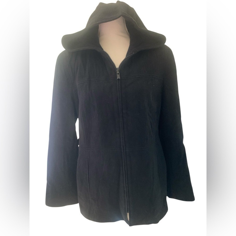 Express Womens Black Wool Blend Full Zip Hooded Jacket Coat Size 13/14